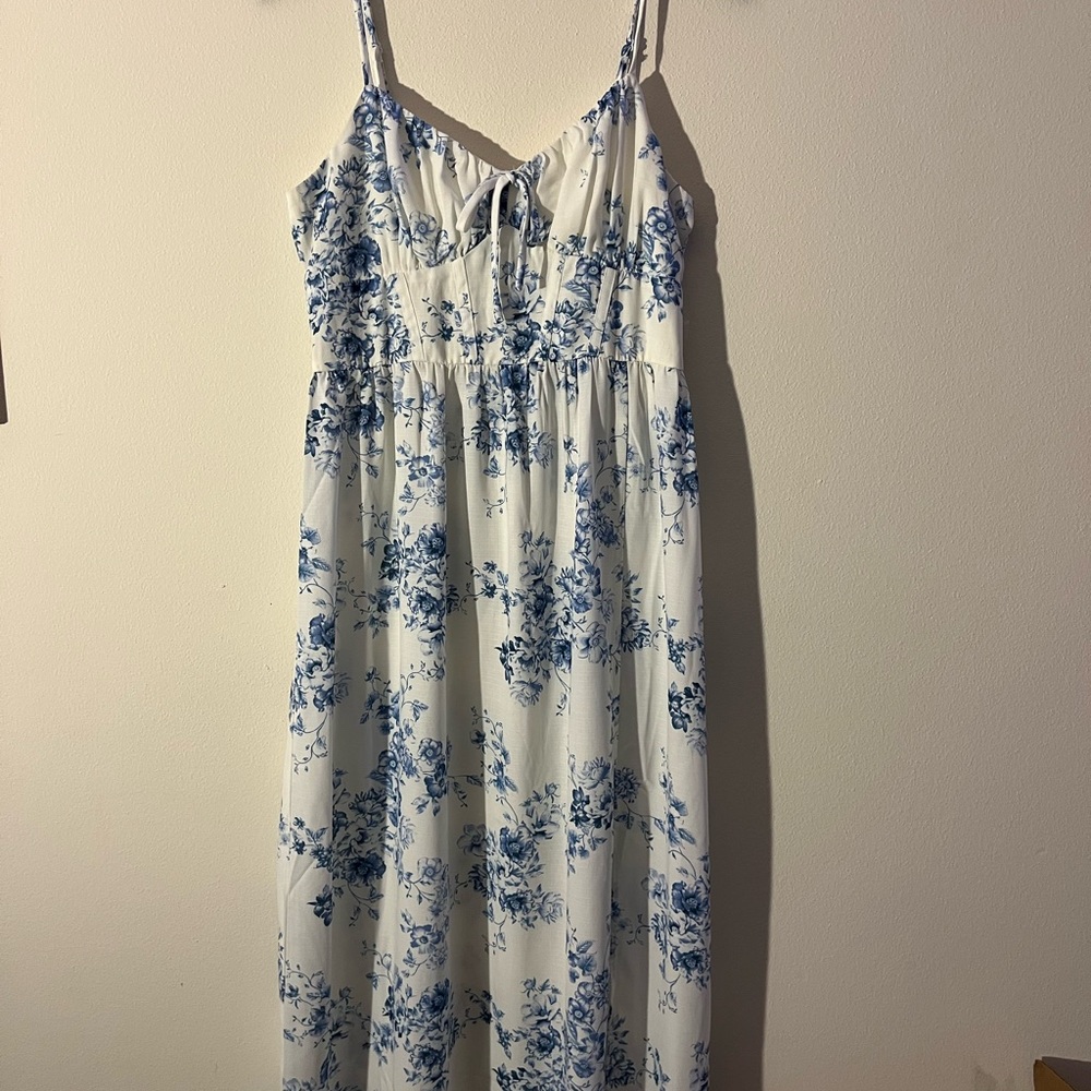 White with Blue florals - long skinny strap dress